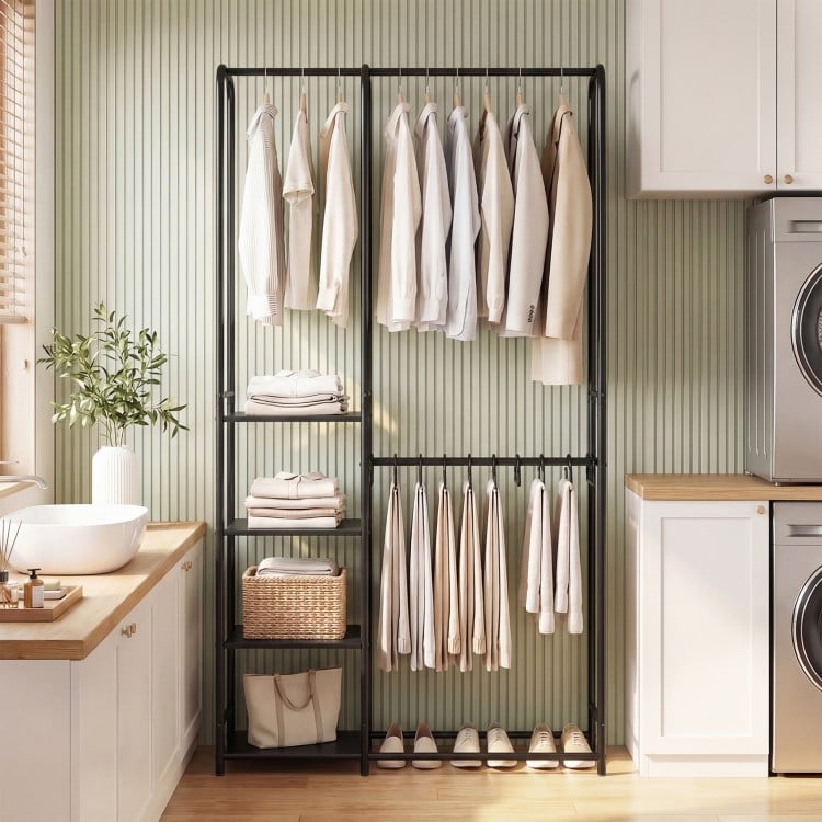 Portable Closet with Pants Hangers and 2 Hanging Rods and 4 Storage Shelves-Black