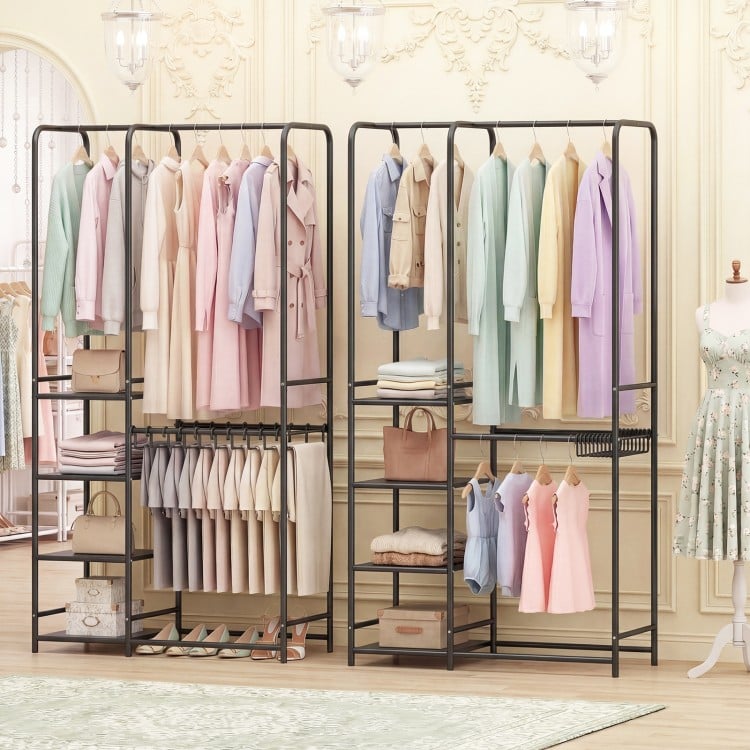 Portable Closet with Pants Hangers and 2 Hanging Rods and 4 Storage Shelves-Black