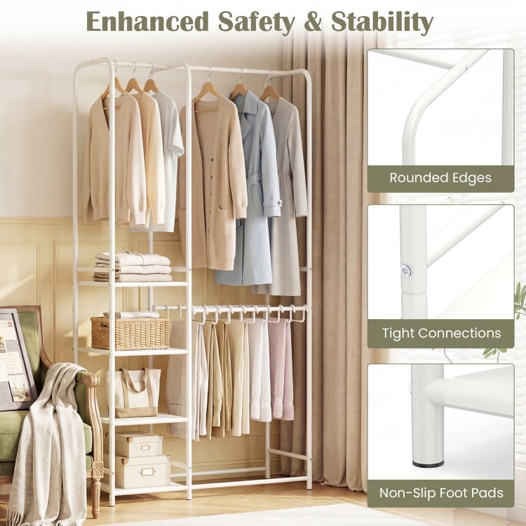 Portable Closet with Pants Hangers and 2 Hanging Rods and 4 Storage Shelves-White