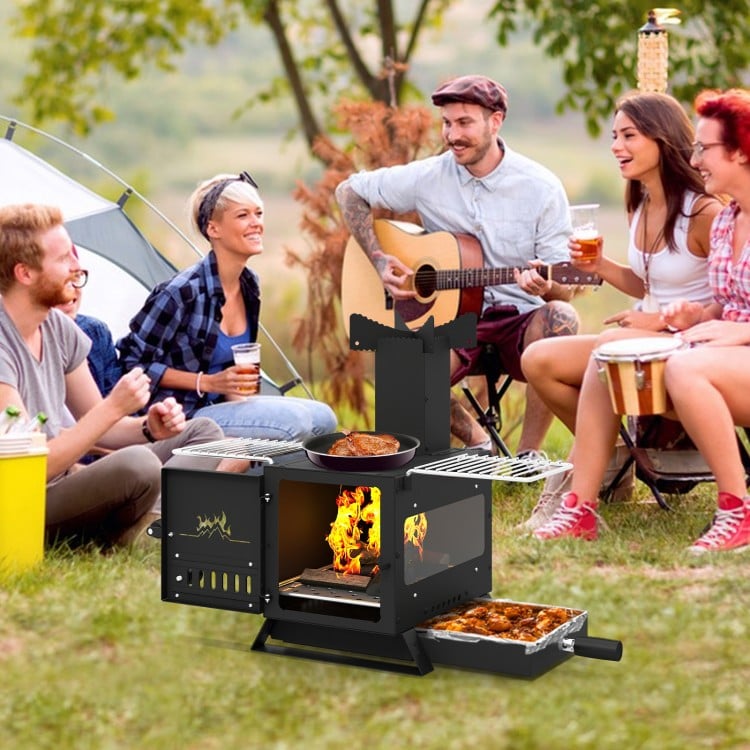 Portable Wood Burning Stove Mini Heater Burner with Pot Rack Oven Pan