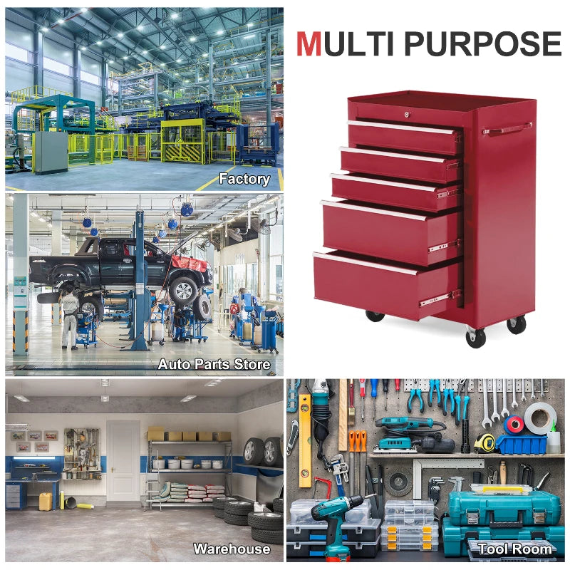 5-Drawer Rolling Tool Cabinet on Wheels, Lockable Tool Chest, Tool Organizer for Garage, Factory and Workshop, Red