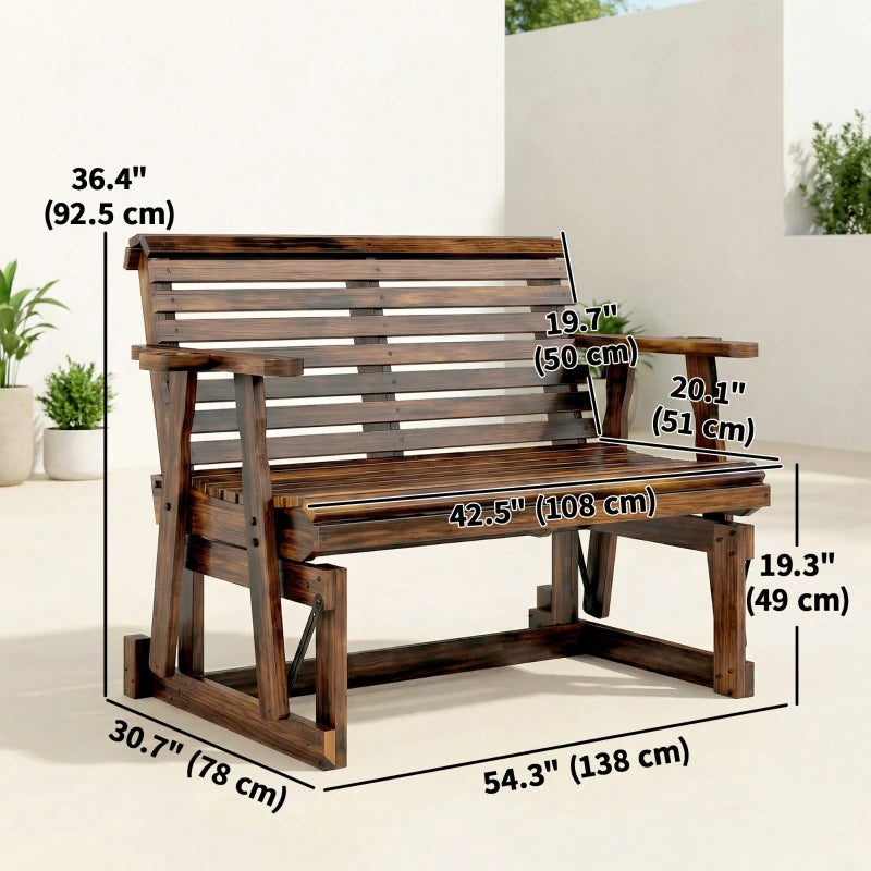 Outdoor Glider Bench, Wooden Glider Chair with 2 Cupholders, Slatted Seat and Armrests, Patio Swing Rocking Loveseat