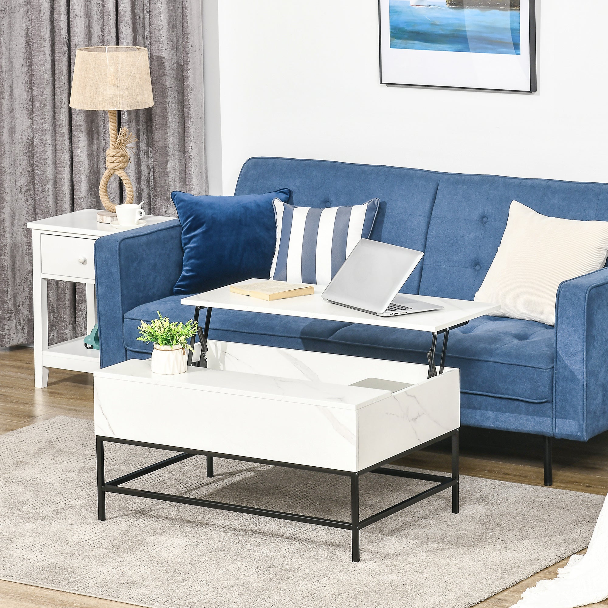 HOMCOM White Lift Top Coffee Table with Storage Organizer Modern Center Table for Living Room