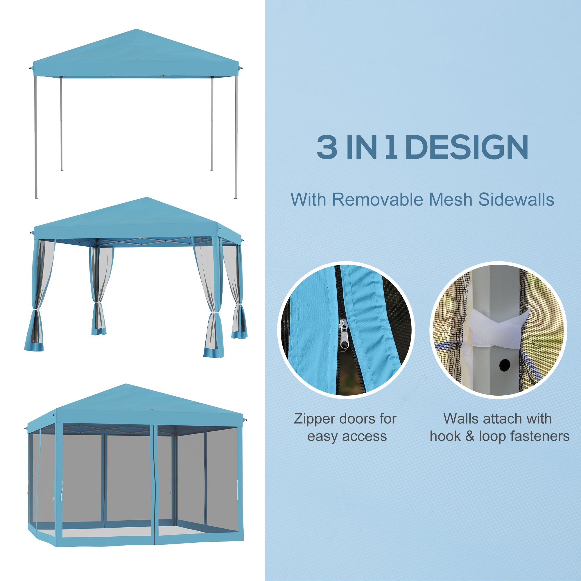 Outsunny 10' x 10' Pop Up Canopy Tent Gazebo with Removable Mesh Sidewall Netting, Carry Bag for Backyard Patio Outdoor, Light Blue