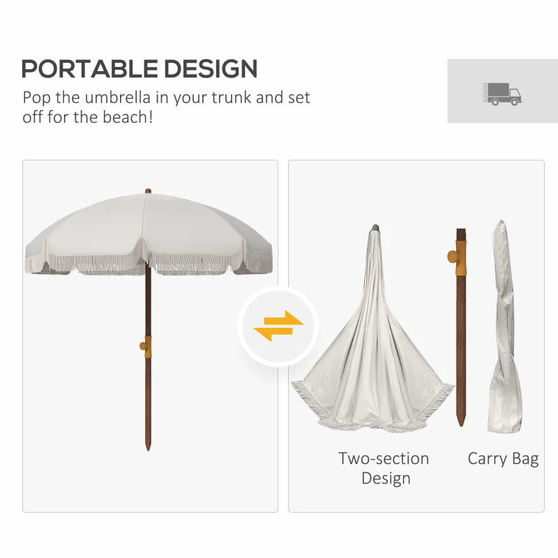 6.2' Beach Umbrella for Travel, Vent, Ruffles, Carry Bag, Portable Outdoor Umbrella for Garden, Light Grey