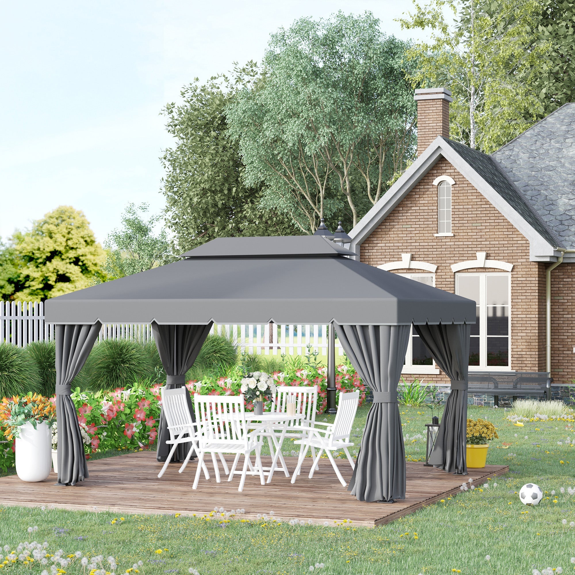 Outsunny Soft-top Gazebo 13x10ft Double Roof Canopy Vented Mesh Sidewall Aluminum Frame Dark Grey