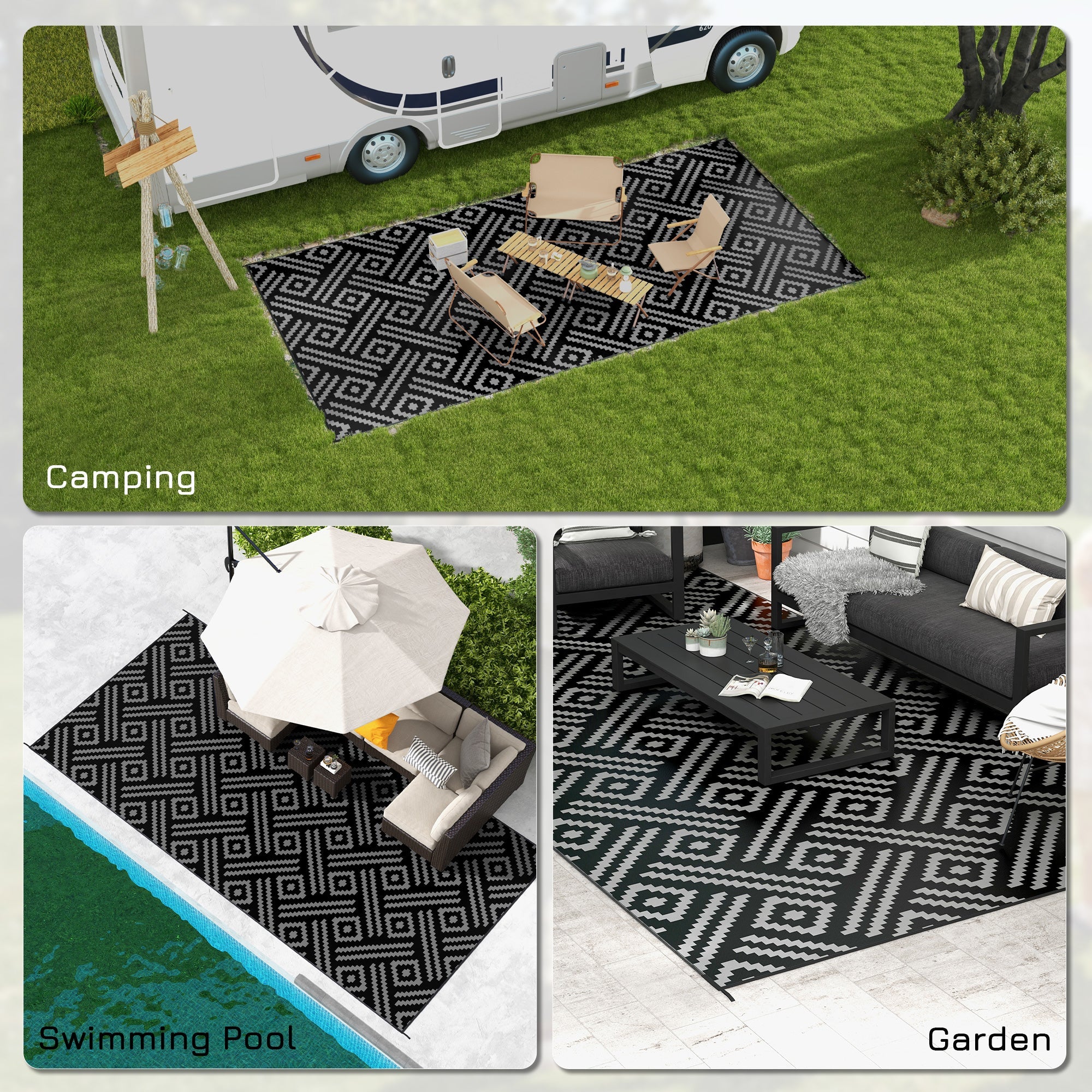 Outsunny 9x18ft Black Grey Geometric Reversible Outdoor Rug Waterproof Plastic Straw with Carry Bag