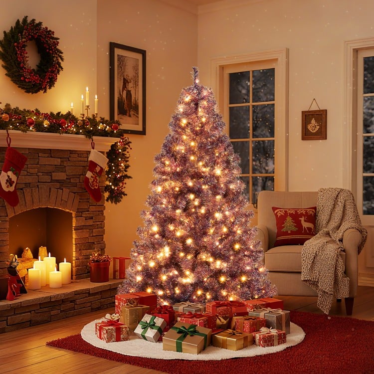 6 ft Pre-Lit Tinsel Christmas Tree Artificial Xmas Tree with Lush Branch Tips and Warm White LED Lights