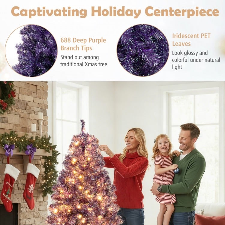 6 ft Pre-Lit Tinsel Christmas Tree Artificial Xmas Tree with Lush Branch Tips and Warm White LED Lights