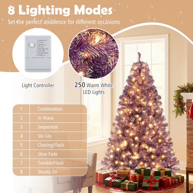 6 ft Pre-Lit Tinsel Christmas Tree Artificial Xmas Tree with Lush Branch Tips and Warm White LED Lights