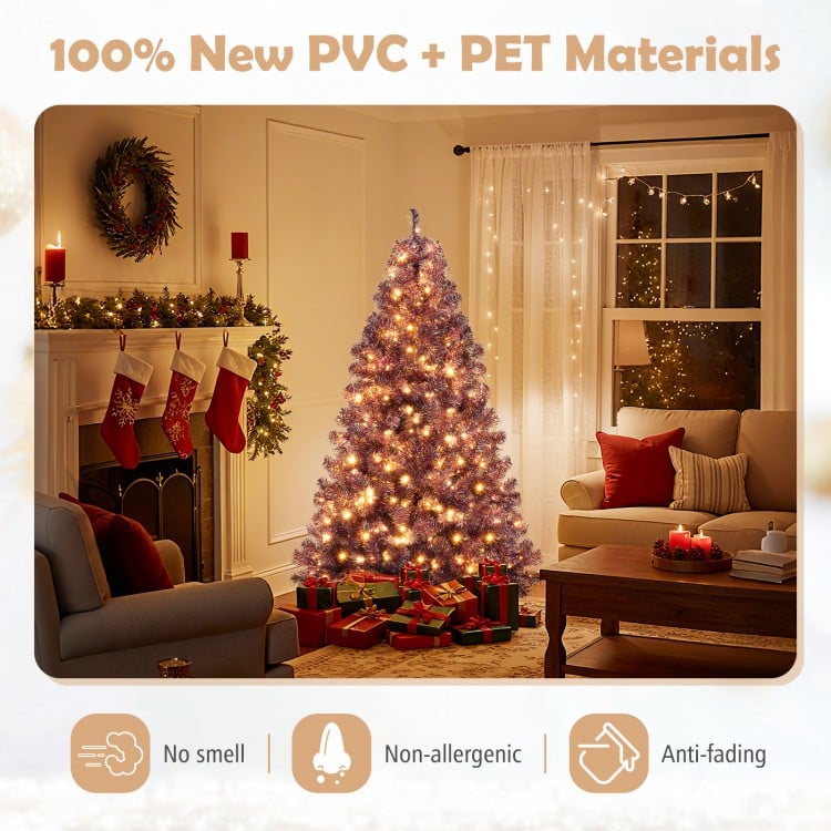 6 ft Pre-Lit Tinsel Christmas Tree Artificial Xmas Tree with Lush Branch Tips and Warm White LED Lights