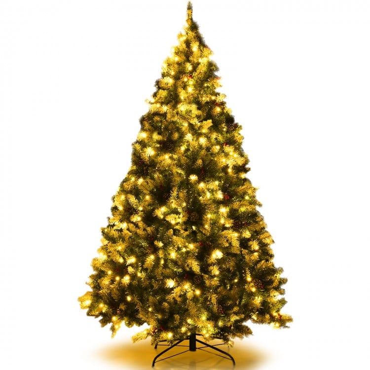 6 FT Pre-lit Snow Flocked Christmas Tree with Red Berries and 8 Lighting Modes