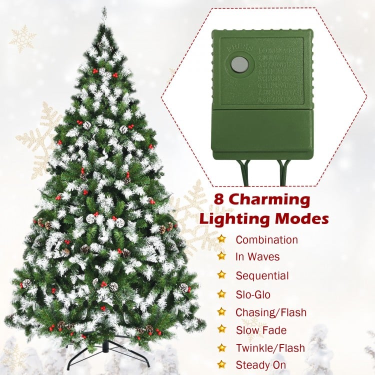 6 FT Pre-lit Snow Flocked Christmas Tree with Red Berries and 8 Lighting Modes
