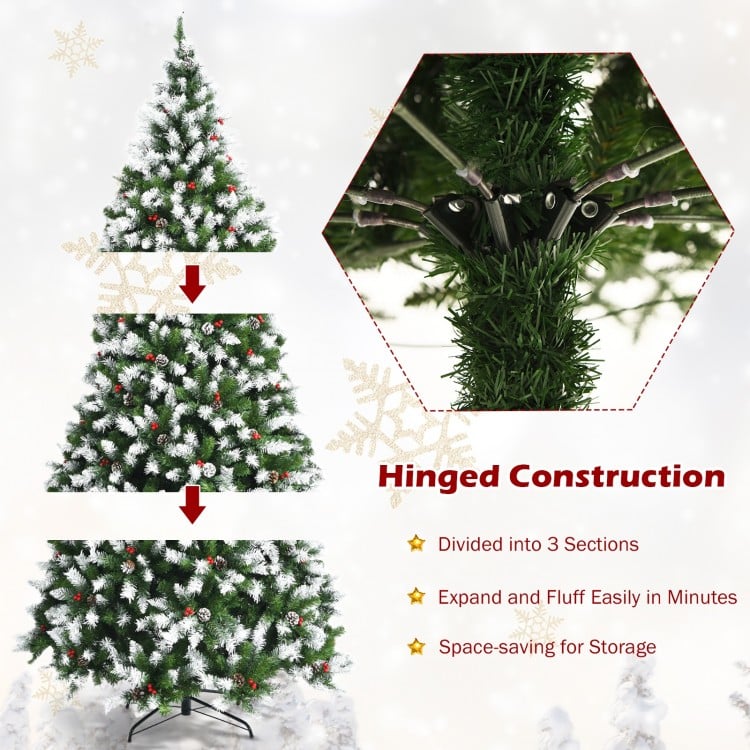 6 FT Pre-lit Snow Flocked Christmas Tree with Red Berries and 8 Lighting Modes