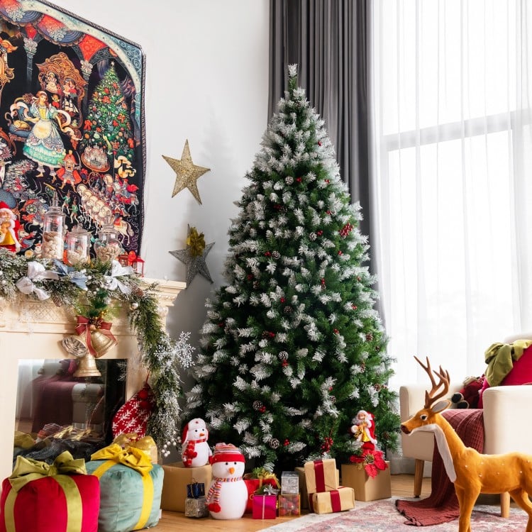 Pre-lit Snow Flocked Christmas Tree with Red Berries and LED Lights-7.5 Feet