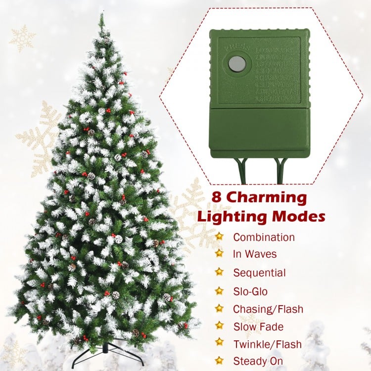 Pre-lit Snow Flocked Christmas Tree with Red Berries and LED Lights-7.5 Feet