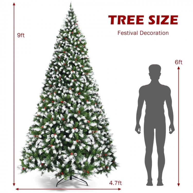 Pre-lit Snow Flocked Christmas Tree with Red Berries and LED Lights-9 Feet