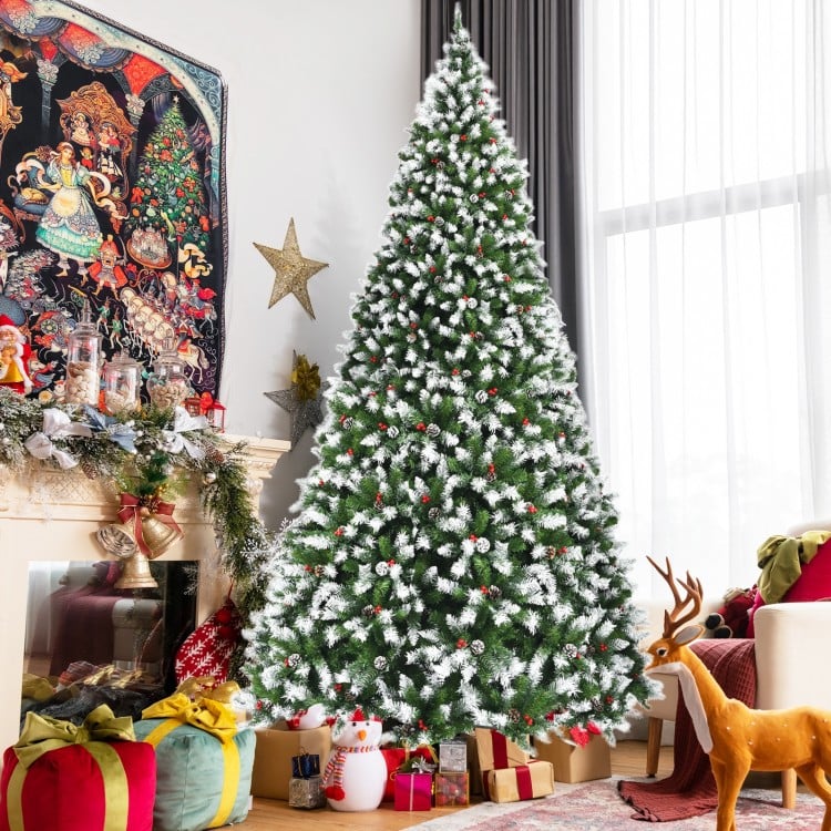 Pre-lit Snow Flocked Christmas Tree with Red Berries and LED Lights-9 Feet