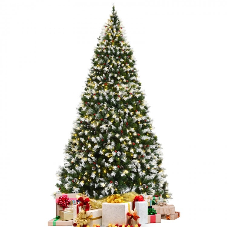 Pre-lit Snow Flocked Christmas Tree with Red Berries and LED Lights-9 Feet