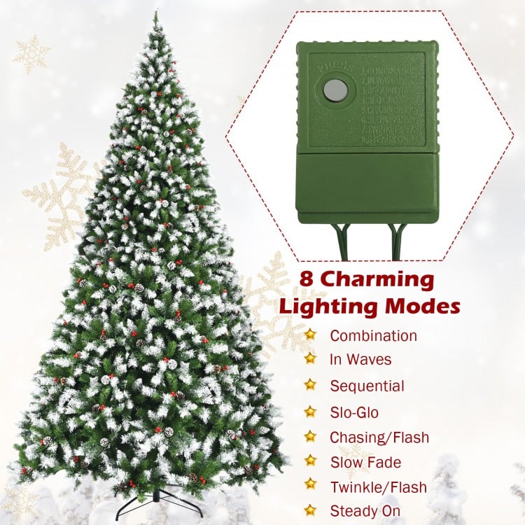 Pre-lit Snow Flocked Christmas Tree with Red Berries and LED Lights-9 Feet