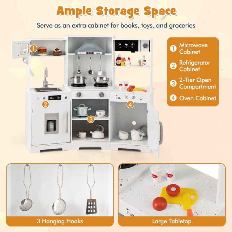 Pretend Play Kitchen Wooden Toy Set with Range Hood Real Sounds and Lights-White