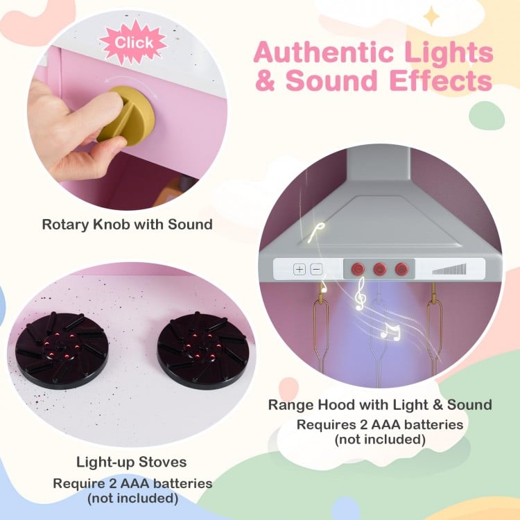 Pretend Play Kitchen Wooden Toy Set with Range Hood Real Sounds and Lights-Pink