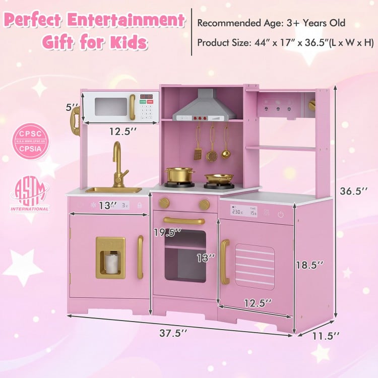Pretend Play Kitchen Wooden Toy Set with Range Hood Real Sounds and Lights-Pink
