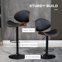 Bar Stools Set of 2, Modern PU Leather Adjustable Swivel Barstools with Curved Back, Footrest and Steel Base, Black