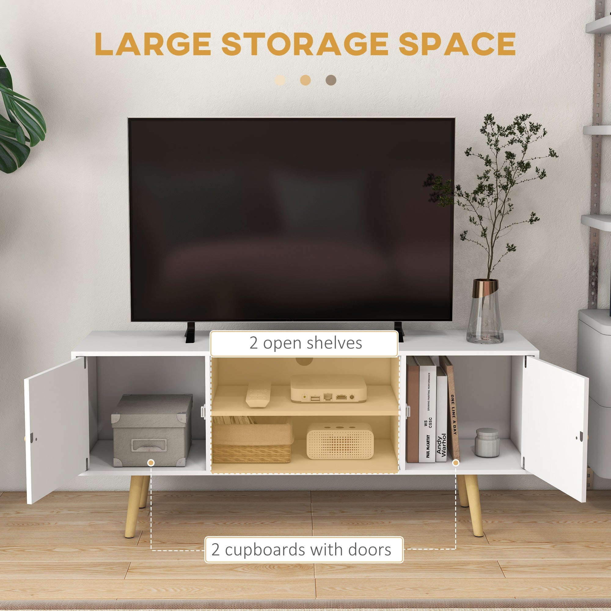 HOMCOM Elegant Media Showcase: White TV Stand for 55" TVs, Entertainment Unit with Storage Shelves, Wood Legs for Living Room