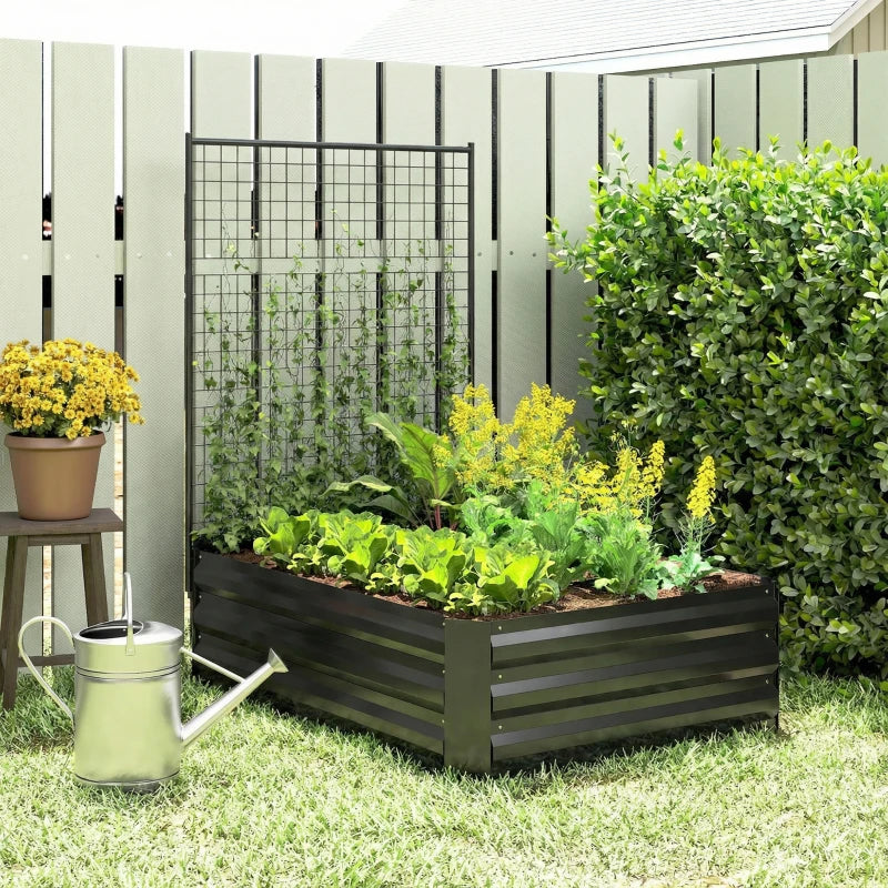 Galvanized Raised Garden Bed with Trellis for Climbing Plants, Outdoor Planter Box with Open Bottom, Black