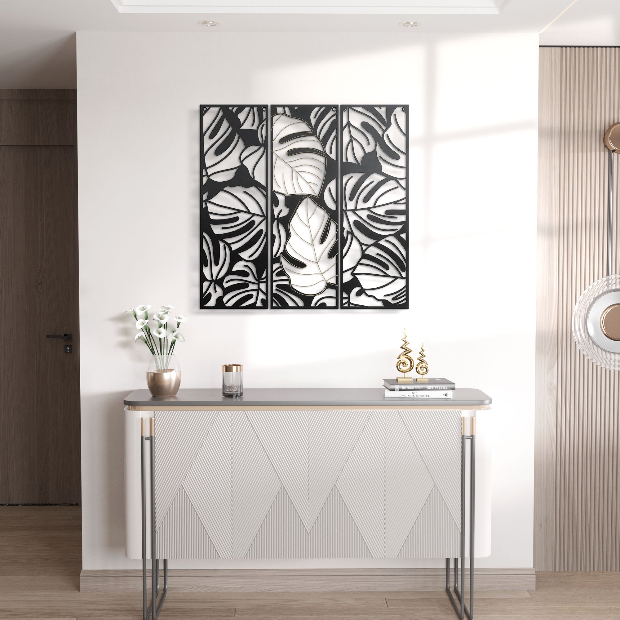 HOMCOM Metal Wall Art Set: Abstract Line Fir Leaves Hanging Sculptures for Living Room, Bedroom, Kitchen Decor