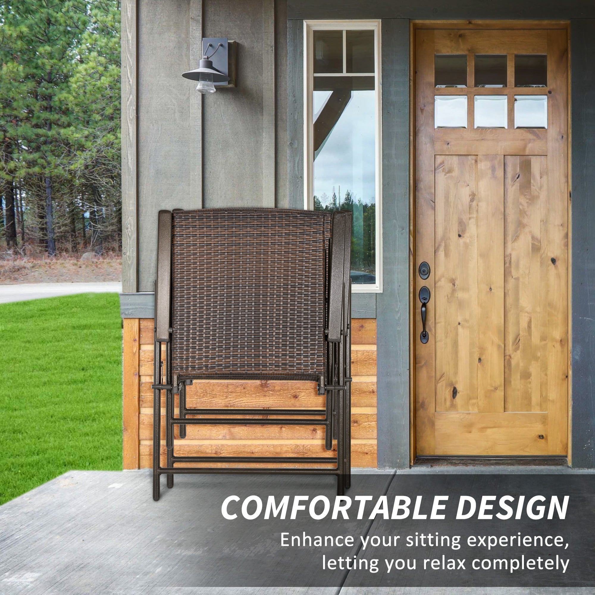 Outsunny Brown Rattan Outdoor Wicker Dining Chair Set of 2 Foldable with Steel Frame for Garden Backyard Porch