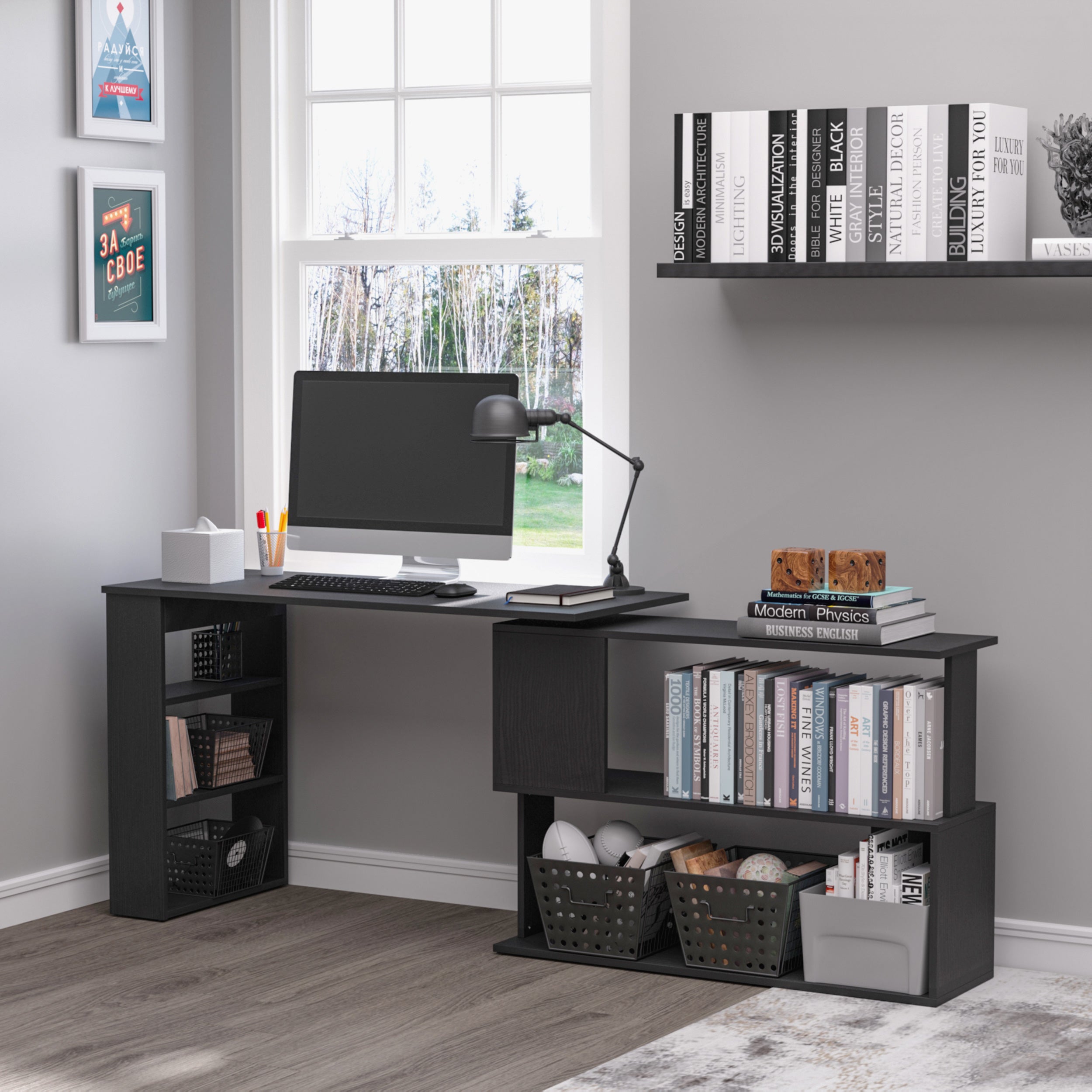 HOMCOM Rotating L-Shaped Desk Corner Computer Workstation with Storage Shelf Home Office Writing Table Black