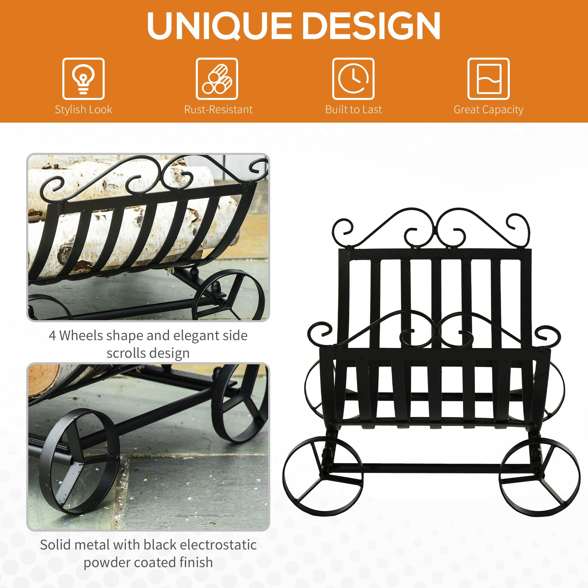 Outsunny Firewood Finesse: 23" Curved Fireplace Wood Holder, Stylish Storage with Scrolls, Indoor Outdoor, Black Finish