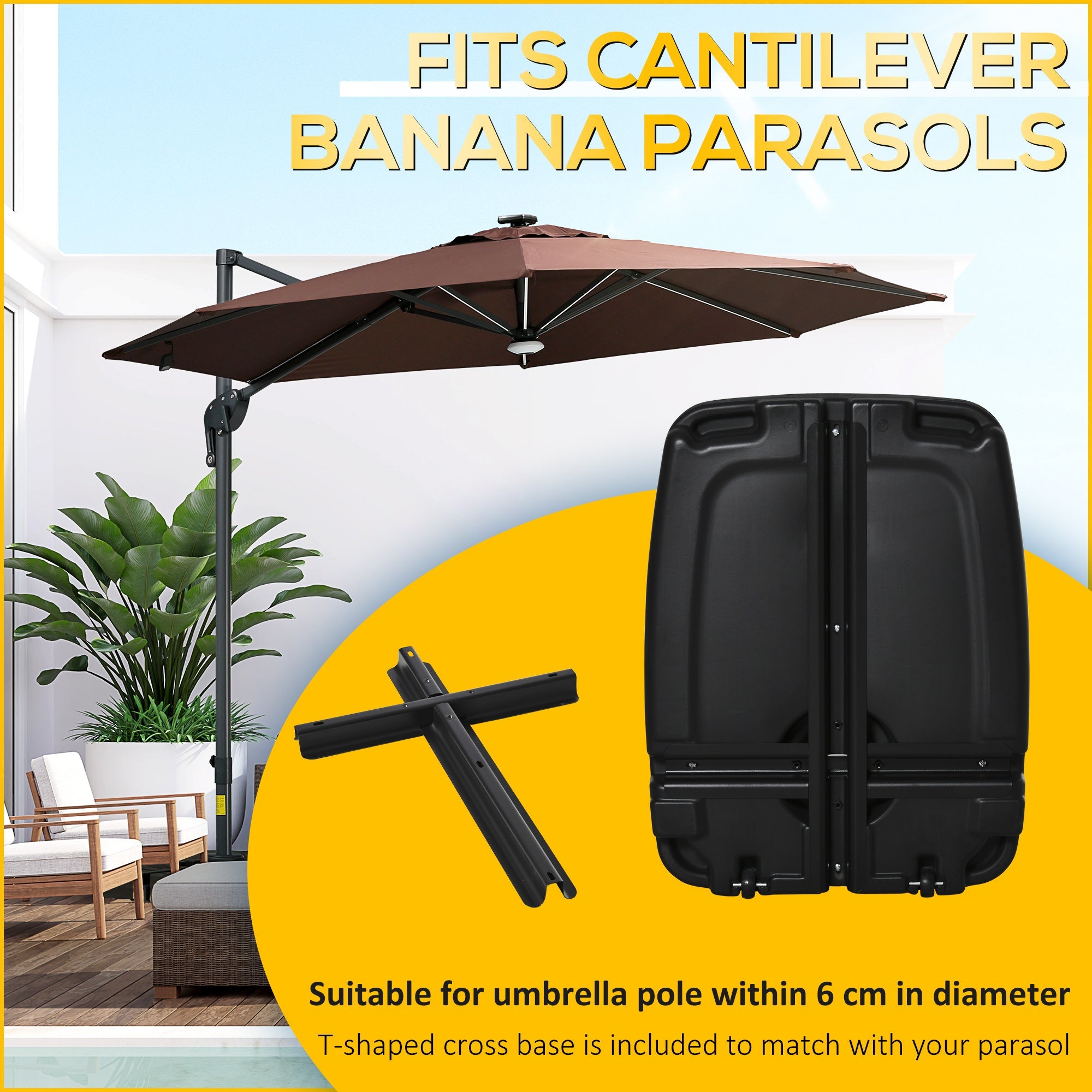 Outsunny Cantilever Umbrella Base with Wheels, Portable Offset Parasol Stand, Water/Sand Fillable up to 165 lbs, Black
