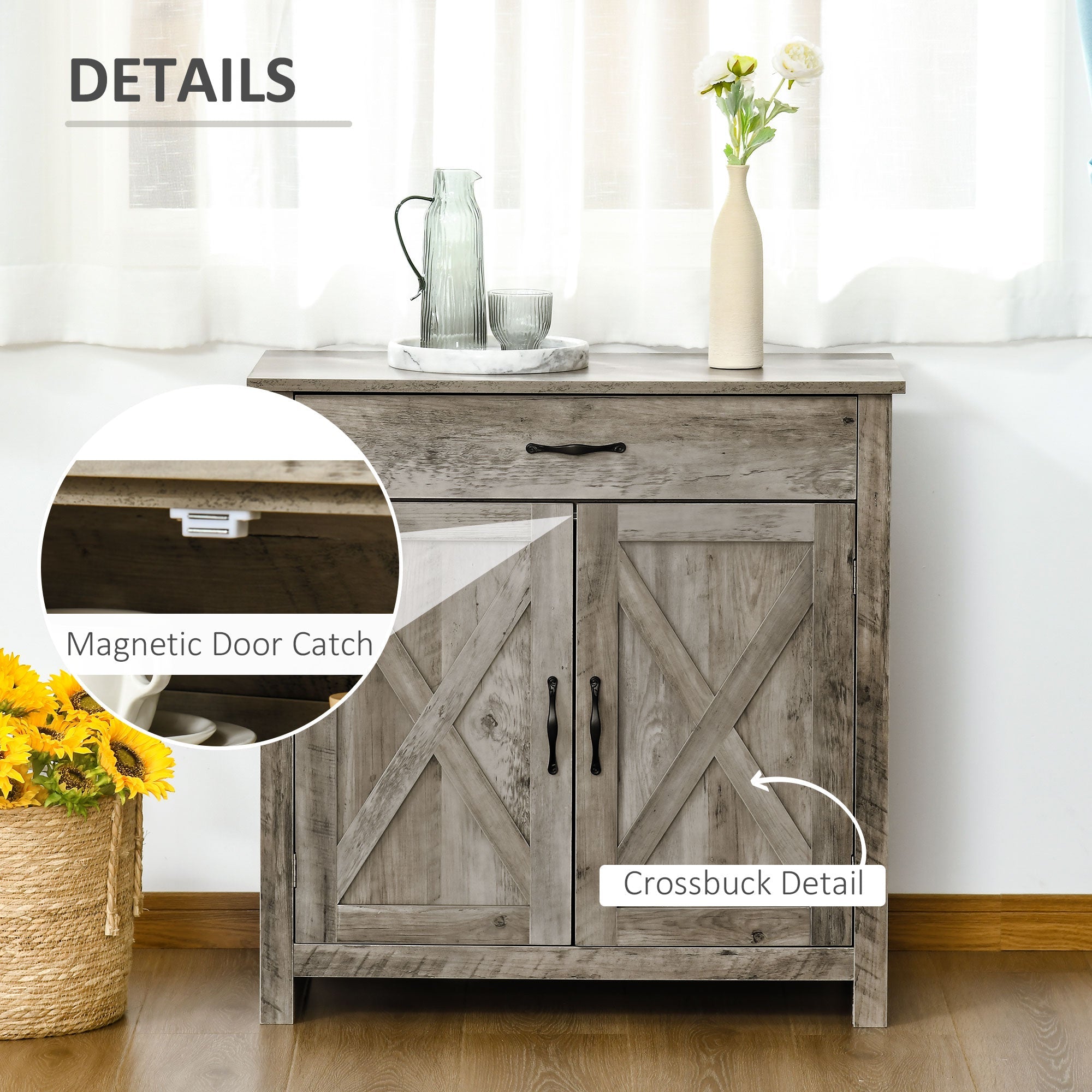 HOMCOM Farmhouse Style Barn Door Sideboard Coffee Bar Buffet Accent Storage Cabinet for Living Room Entryway Grey Wash