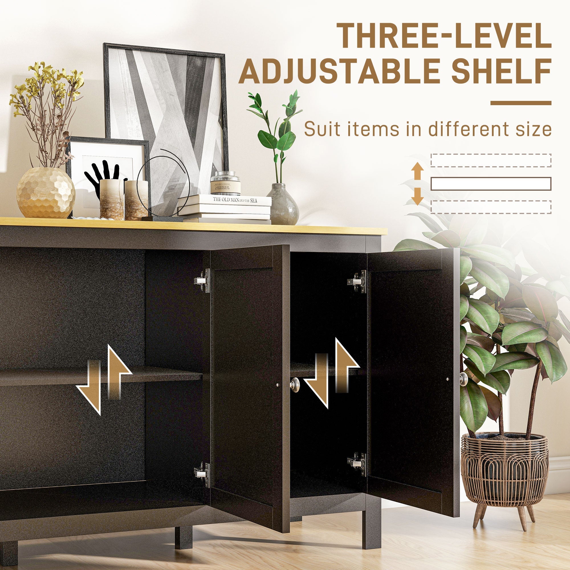 HOMCOM Sideboard Buffet Storage Cabinet Doors Adjustable Shelves Living Room Entryway Black Natural