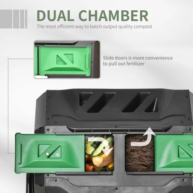 Tumbling Compost Bin Outdoor Dual Chamber 360° Rotating Composter 43 Gallon with Sliding Doors, Green