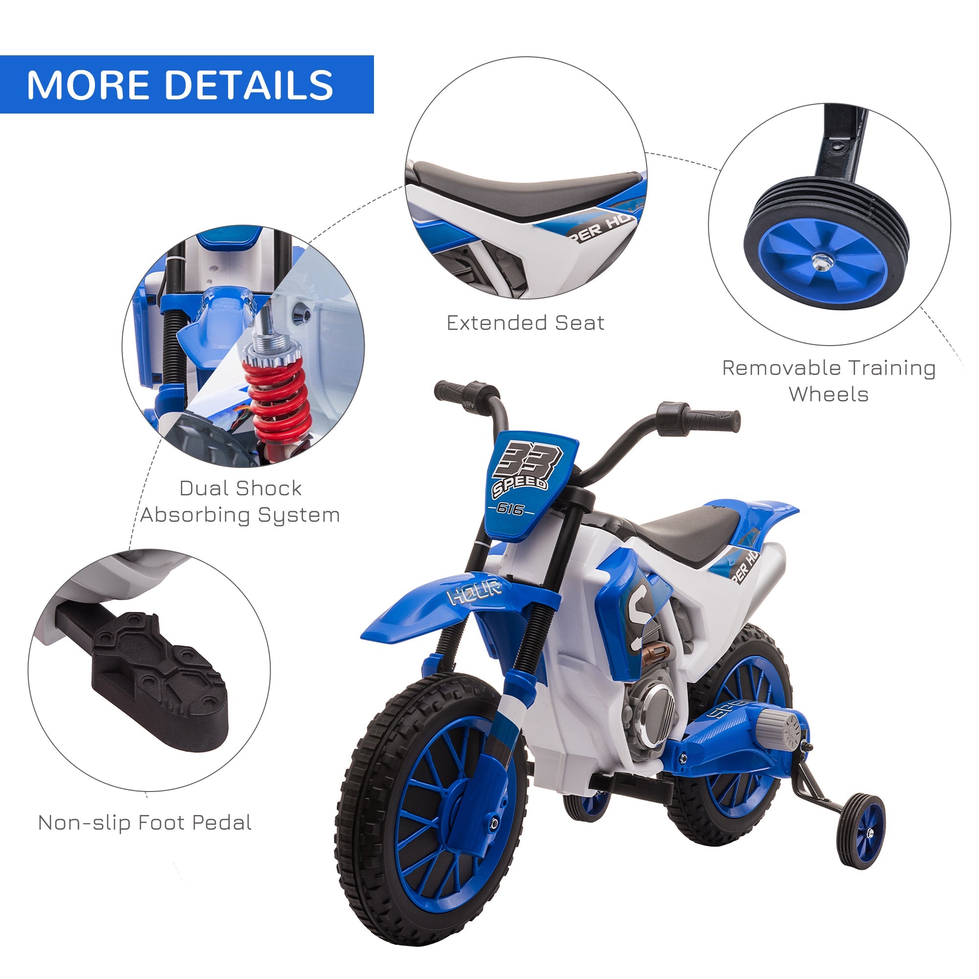 Aosom Kids Dirt Bike Electric Ride-On Motorcycle 12V Battery with Charging Training Wheels Blue