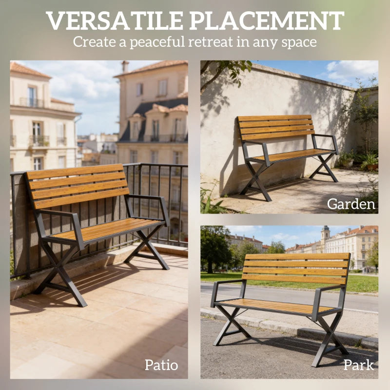 Outdoor Garden Bench, Patio Bench with Backrest and Armrests, 2-Person Garden Seating