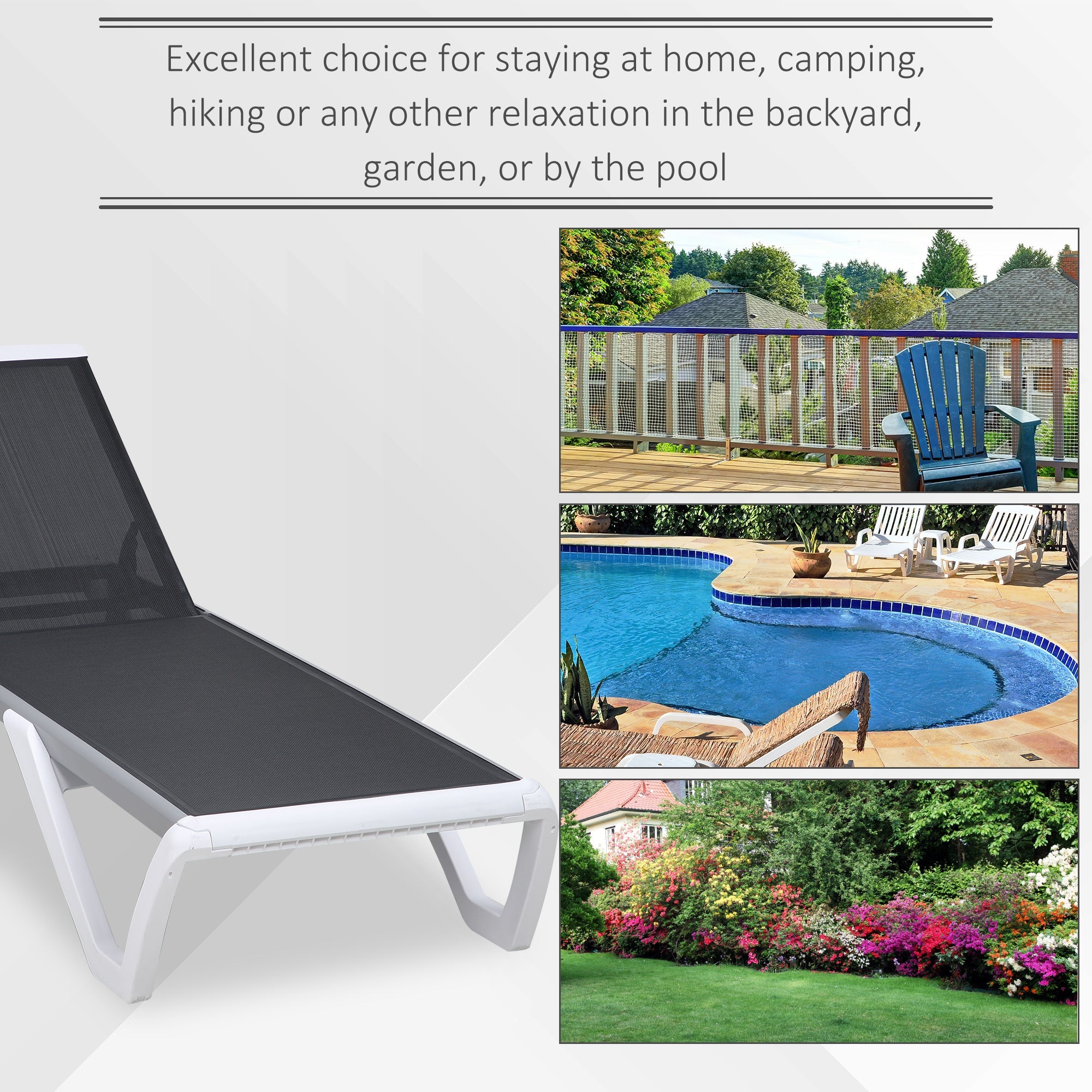 Outsunny Outdoor Chaise Lounge Chair Portable with Adjustable Back Wheels Breathable Mesh Fabric Black