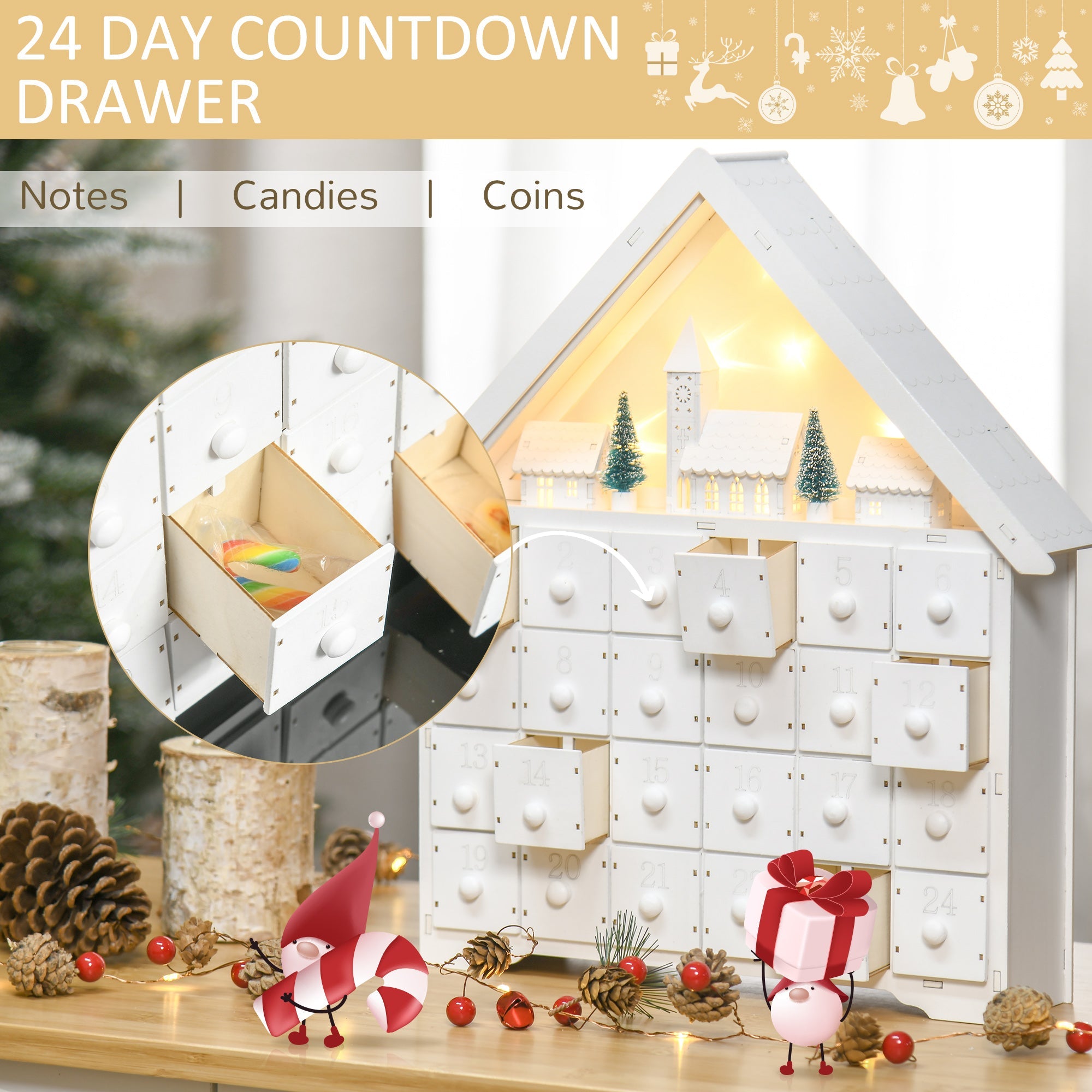 HOMCOM Light-Up Christmas Advent Calendar, Wooden Xmas House, Holiday Countdown with Drawer, Village Theme, White