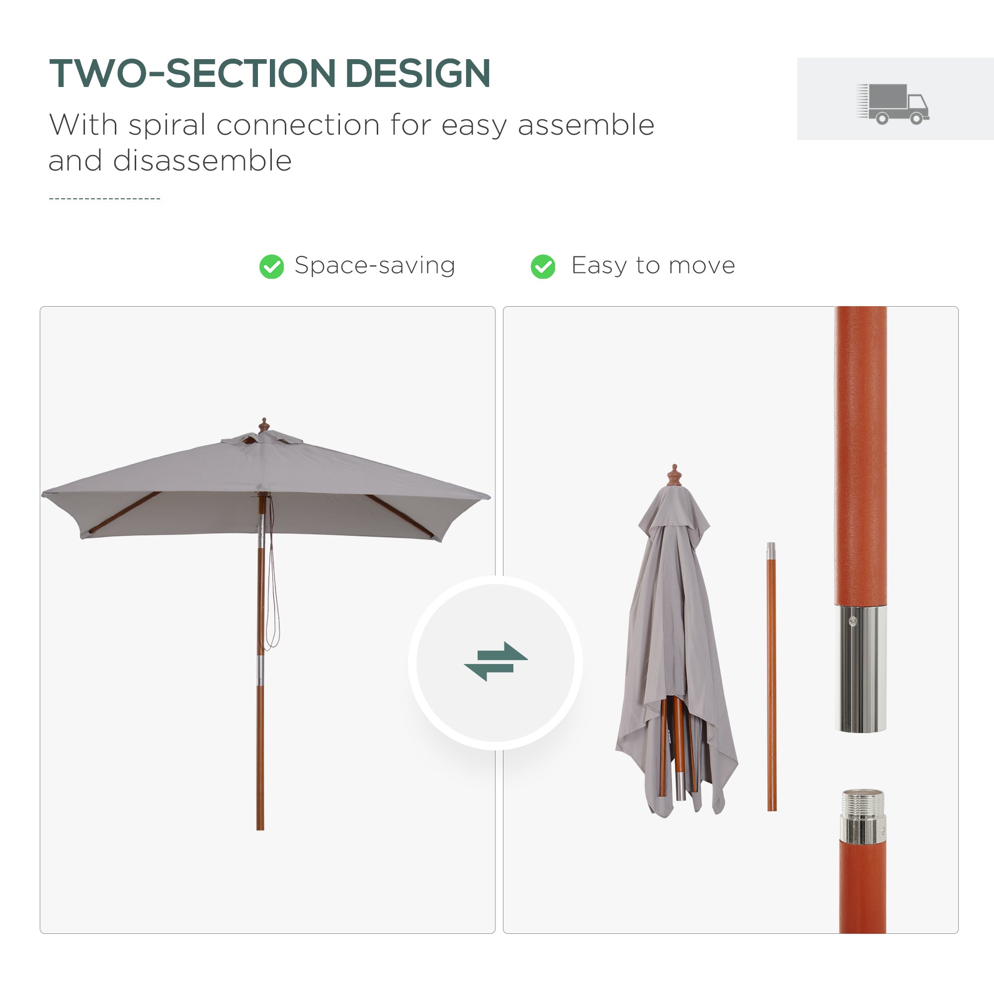 Outsunny Square Fir Wood Patio Umbrella: 6.6x5ft Tilt Mechanism with 6 Ribs Sunshade, Grey