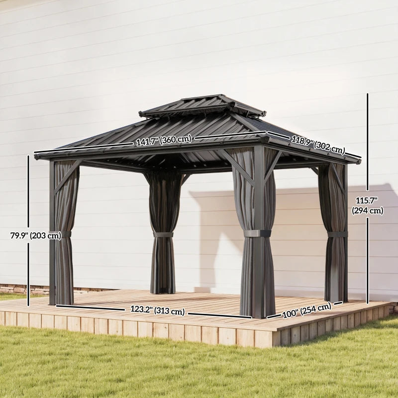 10' x 12' Hardtop Patio Gazebo with Double Galvanized Steel Roof and Aluminum Frame, Outdoor Permanent Gazebo, Dark Grey
