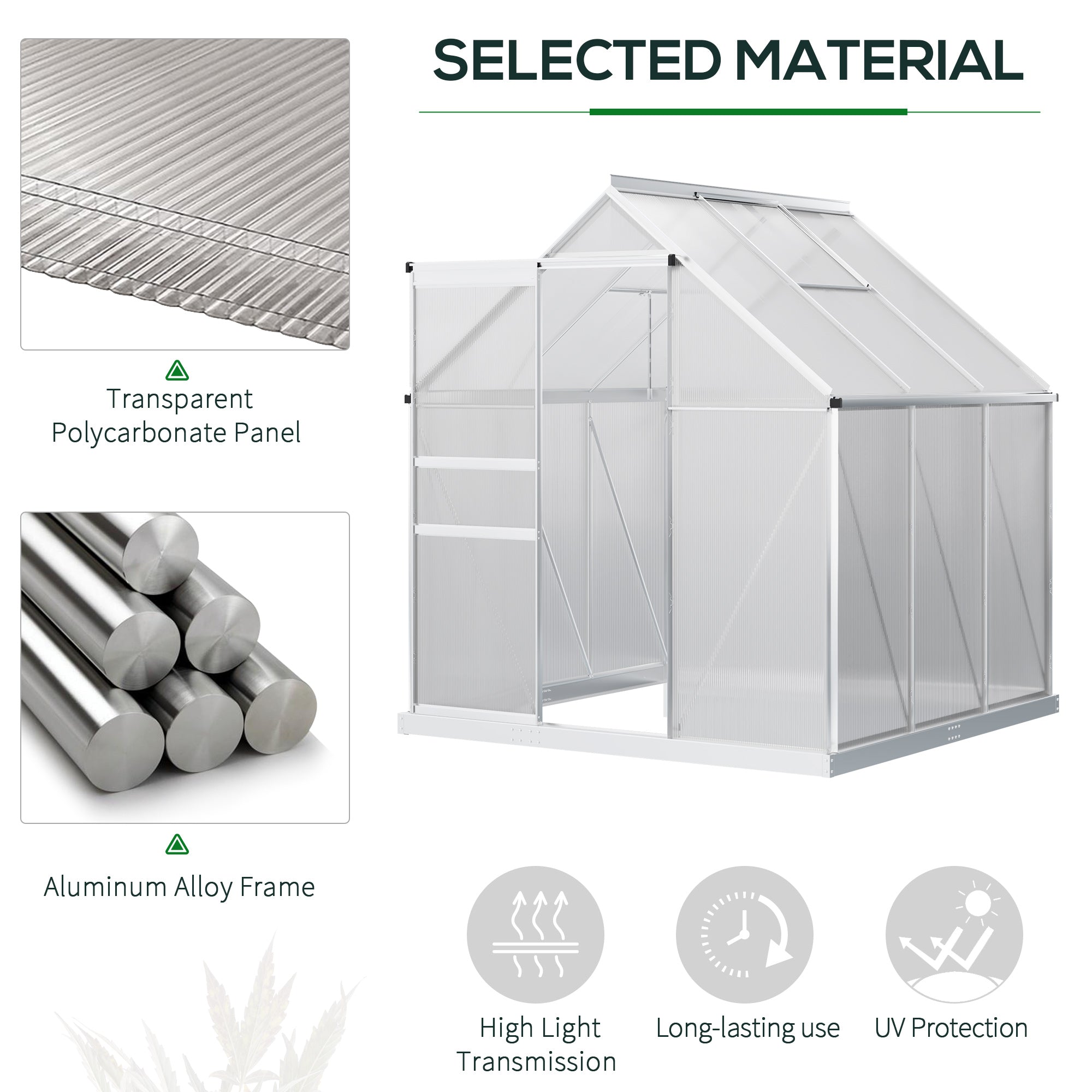 Outsunny 6' x 6' Aluminum Greenhouse Polycarbonate Walk-in Garden Greenhouse Kit with Adjustable Roof Vent, Rain Gutter Sliding Door| Aosom Canada