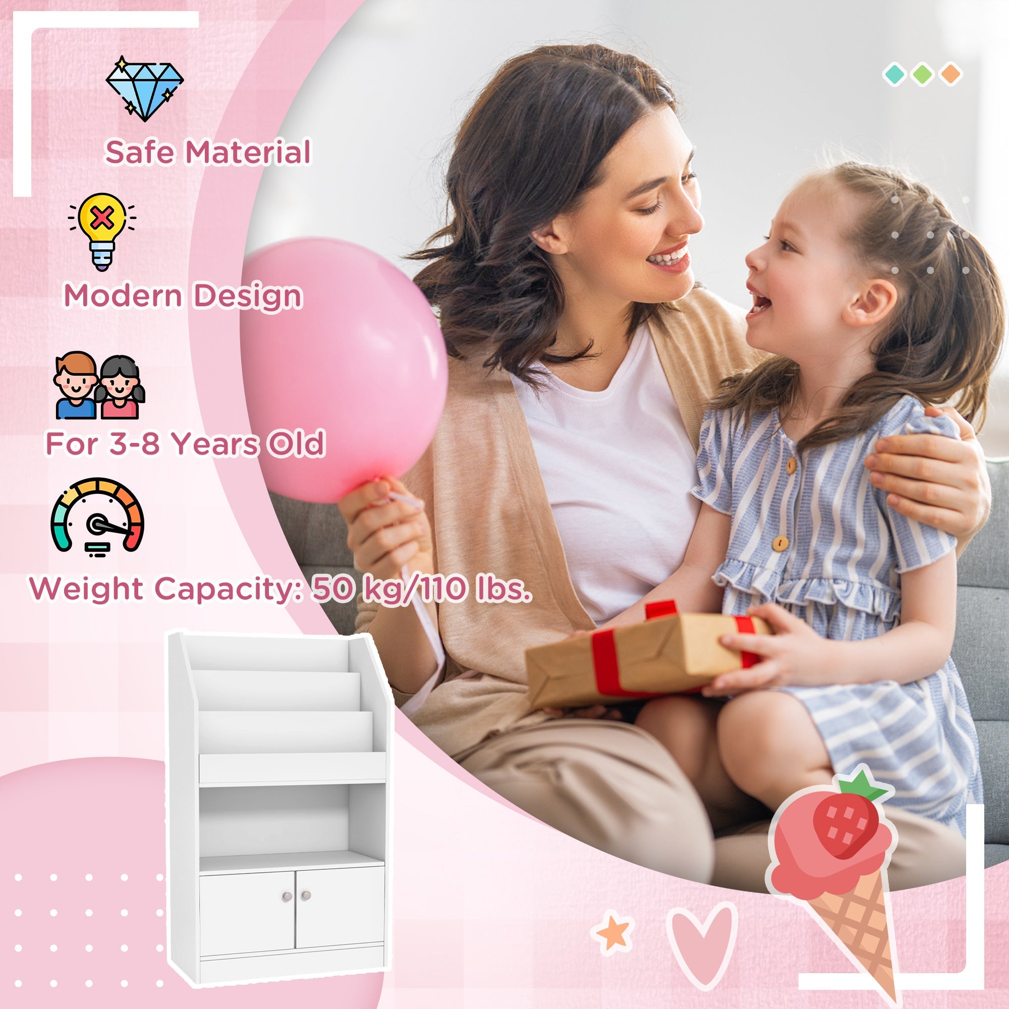 Qaba Toy Storage Organizer Shelf Kids Bookshelf for Bedroom Playroom Nursery White
