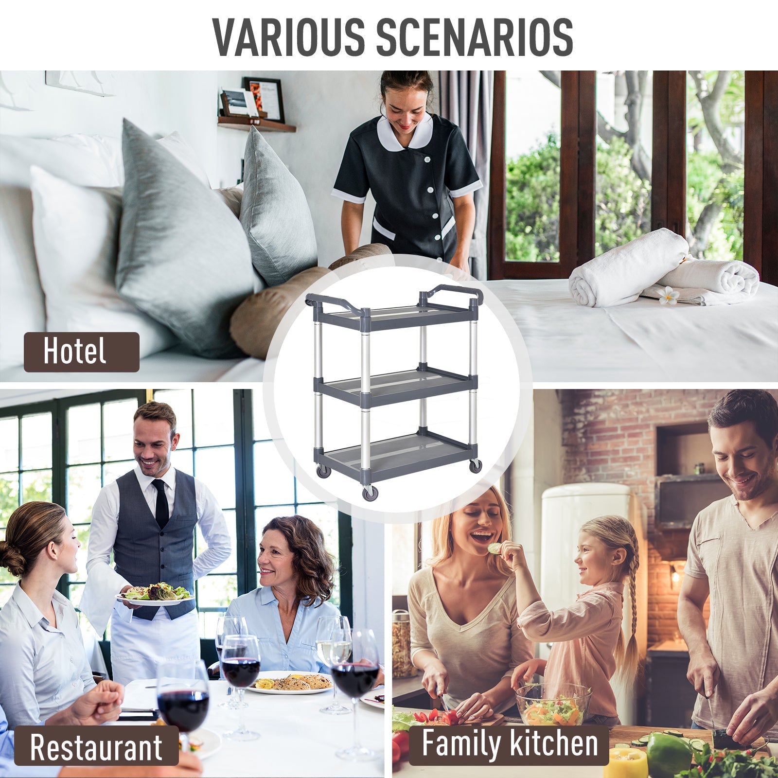 HOMCOM Large 3-Tier Metal Utility Cart Rolling Storage Trolley with Shelves for Restaurant Hotel Living Room Silver