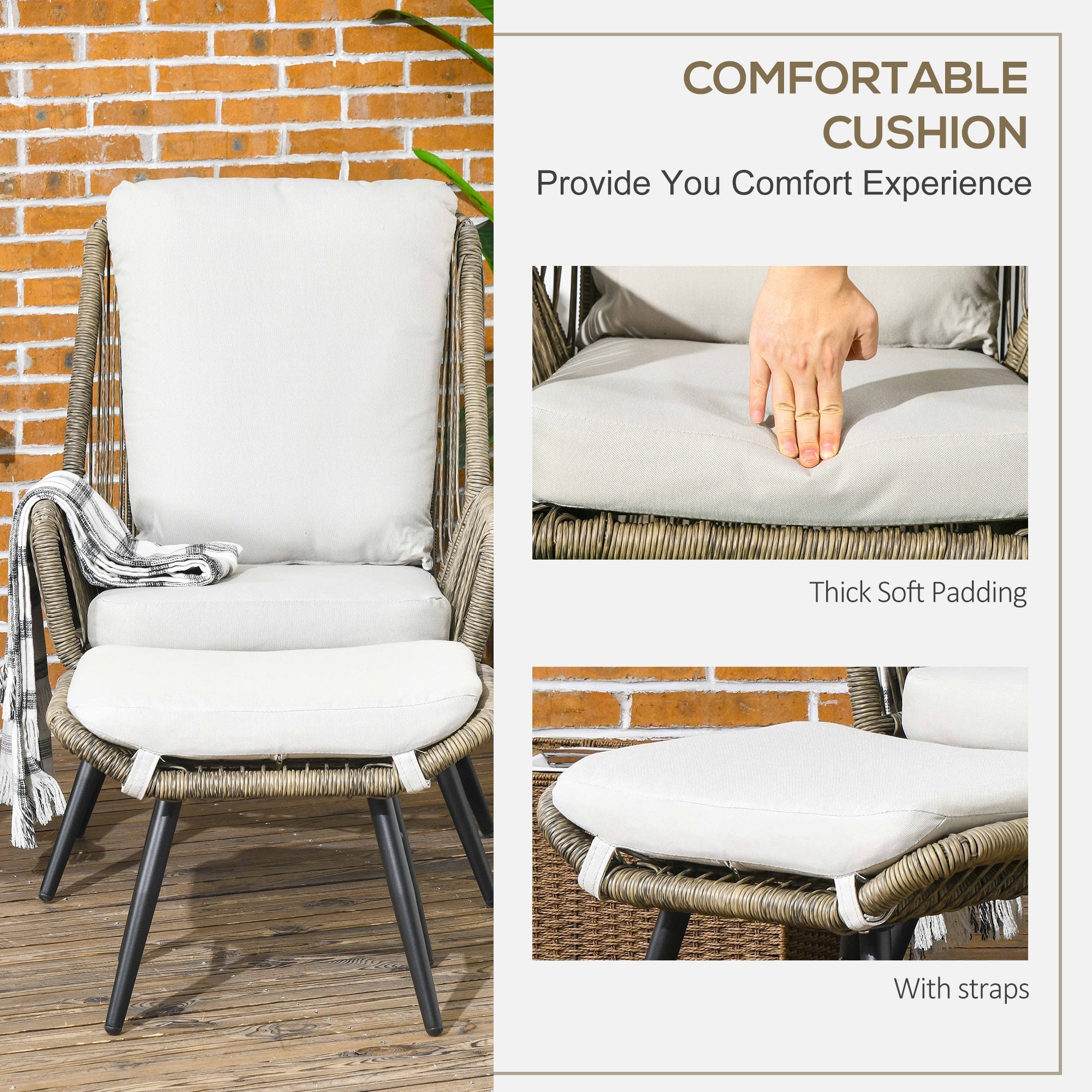 Outsunny 2 PCs PE Rattan Leisure Chair Set, Outdoor Reclining Patio Chair and Footrest w/ Adjustable Backrest & Cushion, Khaki