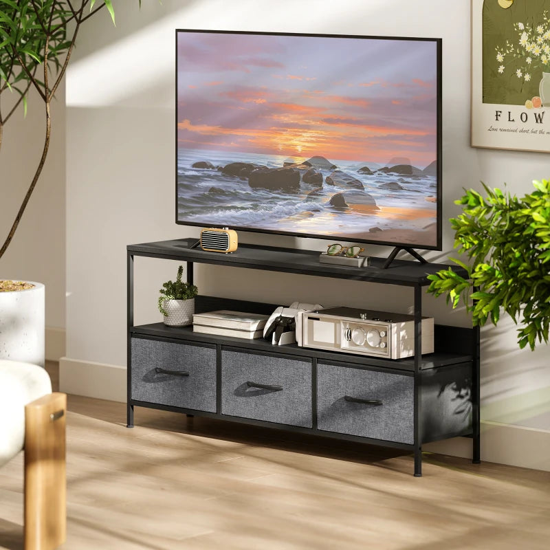 TV Stand with Charging Station, TV Table with 3 Foldable Linen Drawers and Open Shelf for 55 Inch Television, Black