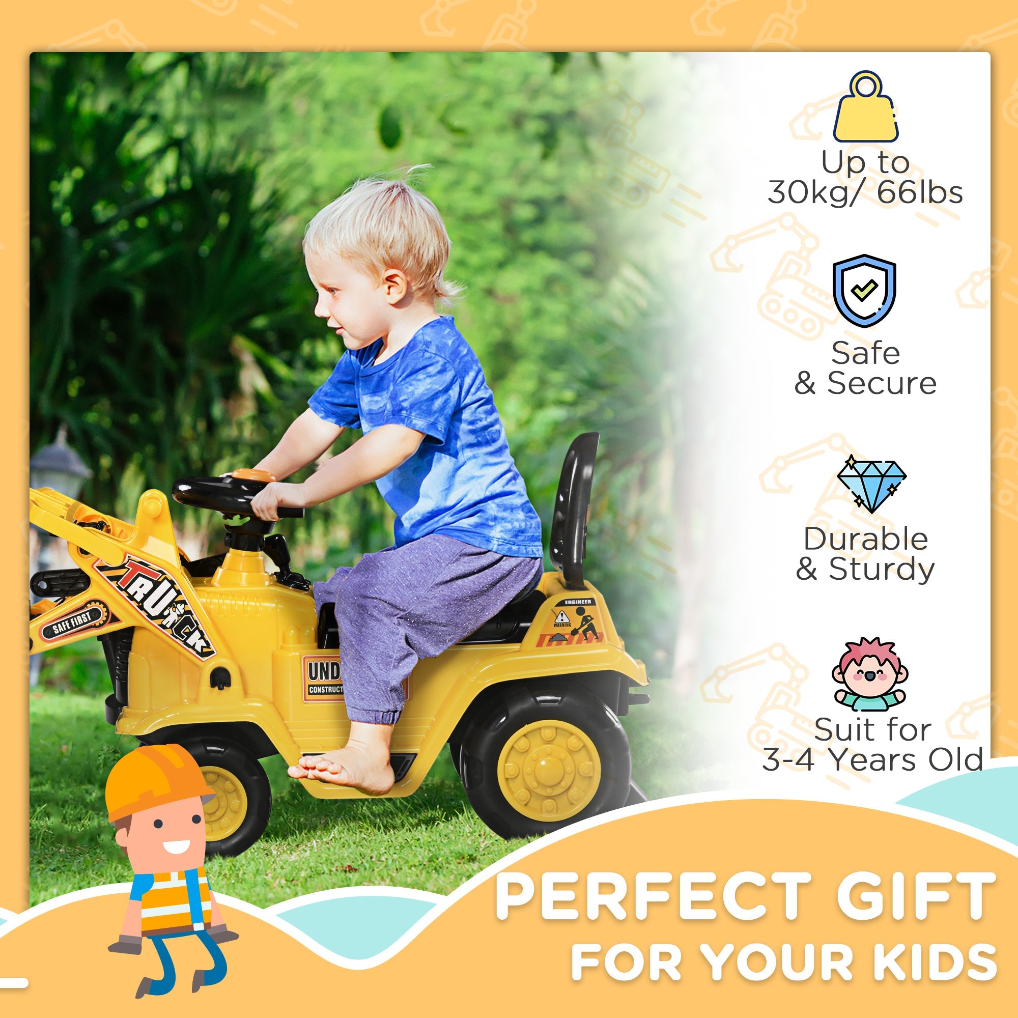 Aosom Ride On Excavator Toy No Power Digger Realistic Sound Grabber Under Seat Storage for 3-4 Years Old